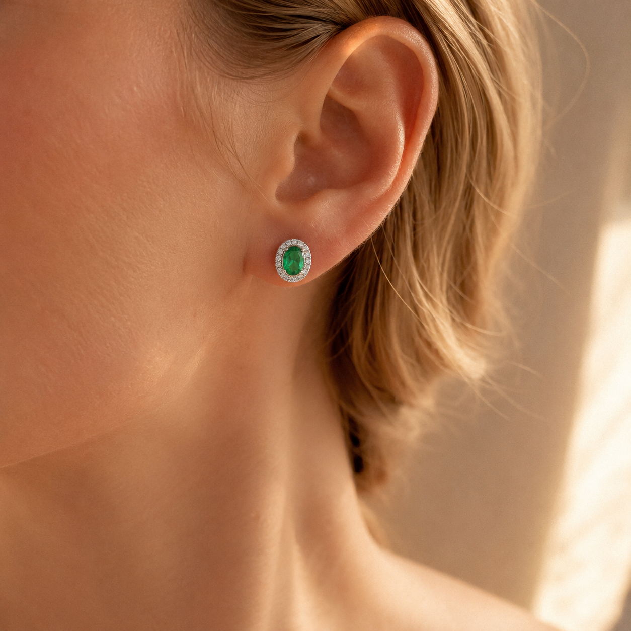 Silver Oval Crystal Halo Stud Earrings – Pavé CZ Gemstone Studs, Gift for Her