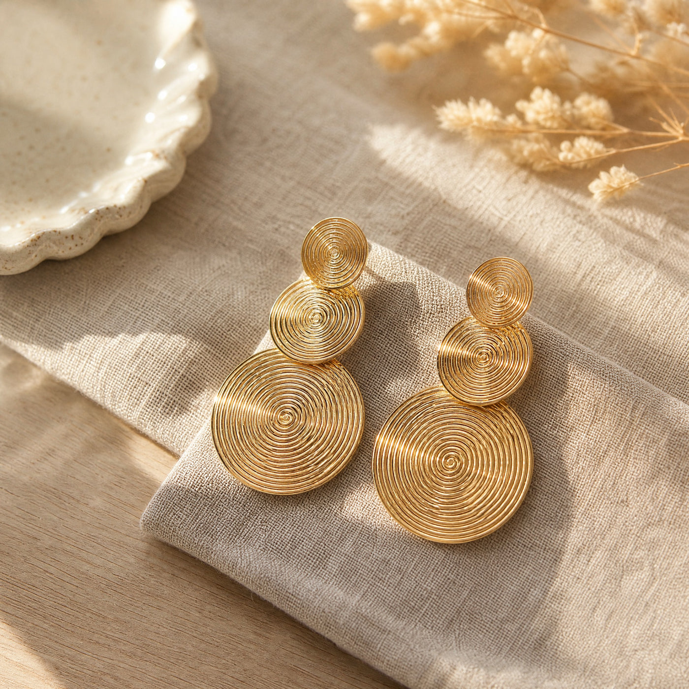 Gold Spiral Disc Drop Earrings – Bold Geometric Statement Dangle Earrings for Women