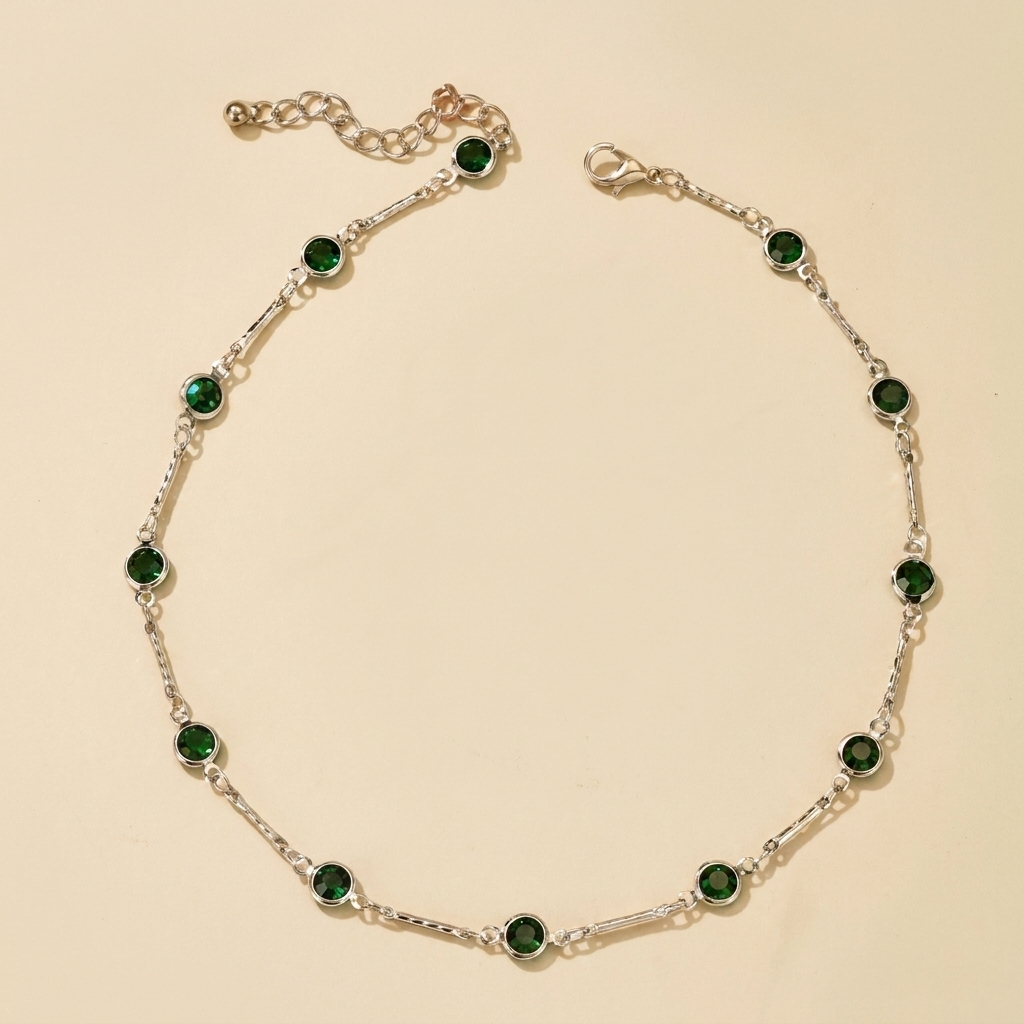 Green Stone Station Necklace – Dainty Gold Silver Chain Choker, Minimalist Gift for Her