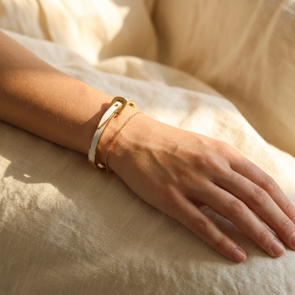 Gold Belt Buckle Bangle – Enamel Cuff Bracelet, Dainty Gold-Tone Gift for Her