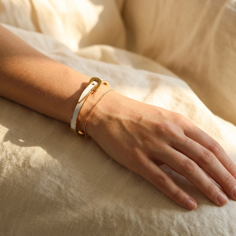 Gold Belt Buckle Bangle – Enamel Cuff Bracelet, Dainty Gold-Tone Gift for Her