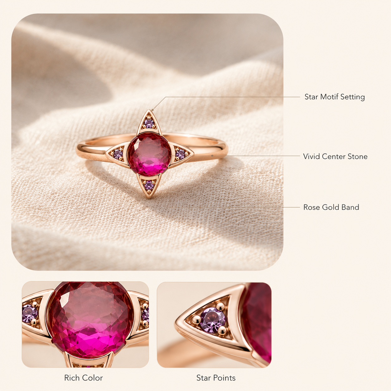 Rose Gold Star Ring – Ruby Red CZ Four-Point Star Ring for Her