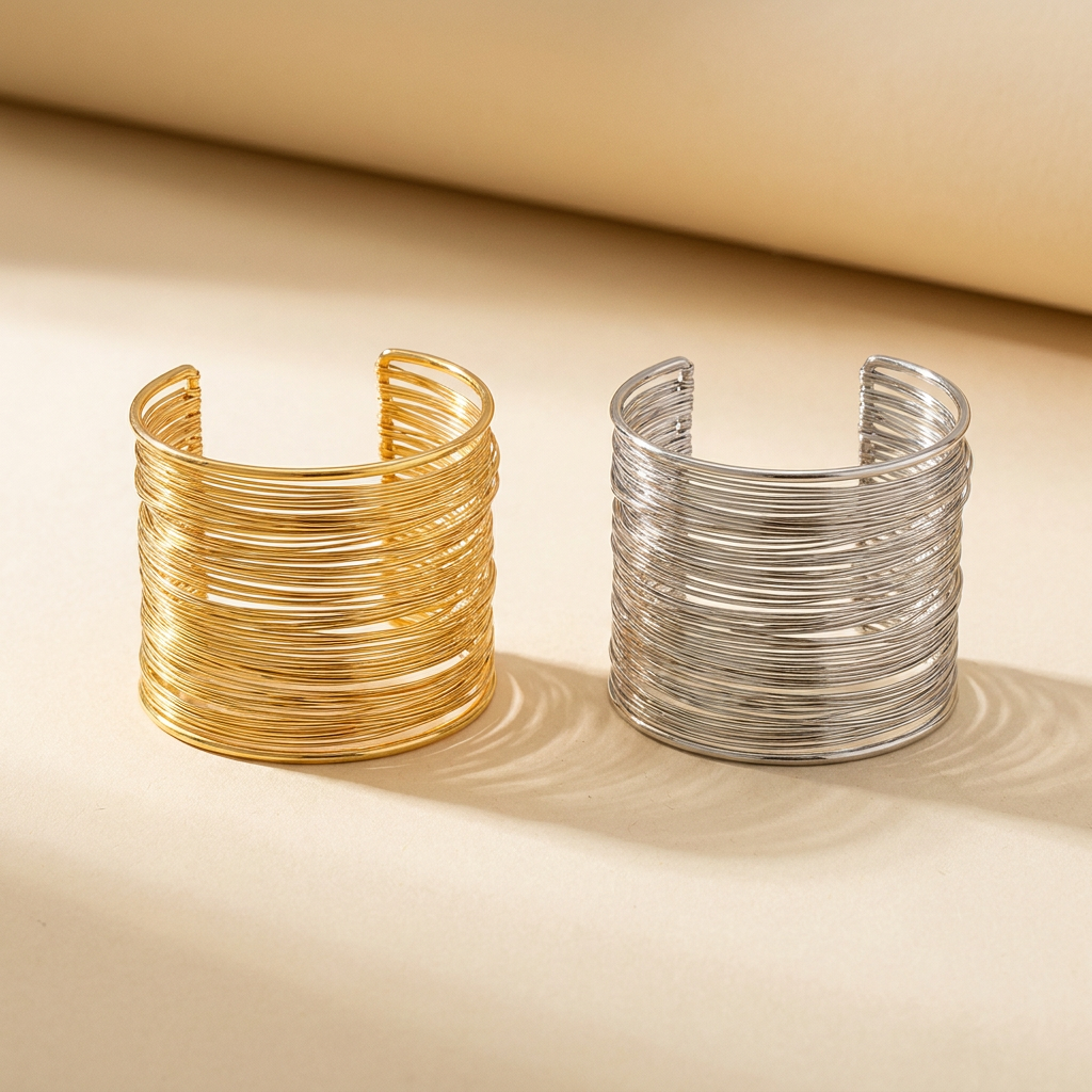 Multi-Wire Cuff Bracelet – Wide Layered Open Bangle, Gold Silver Statement Jewelry for Women