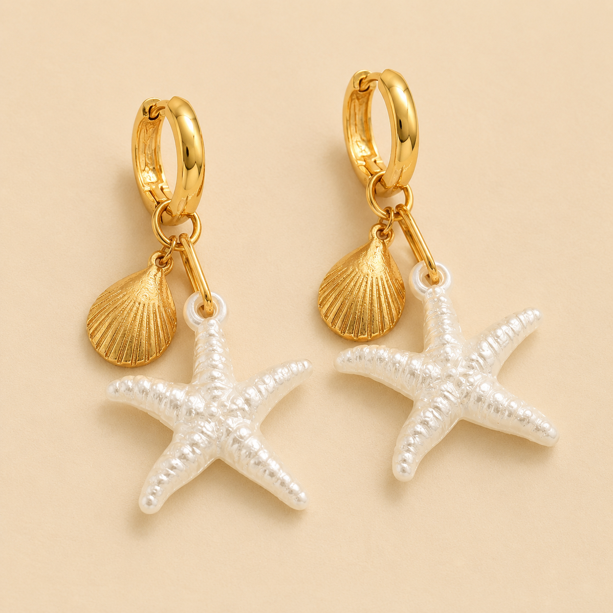 Gold Starfish Shell Hoop Earrings – Dangle Beach Jewelry, Boho Ocean Gift for Her