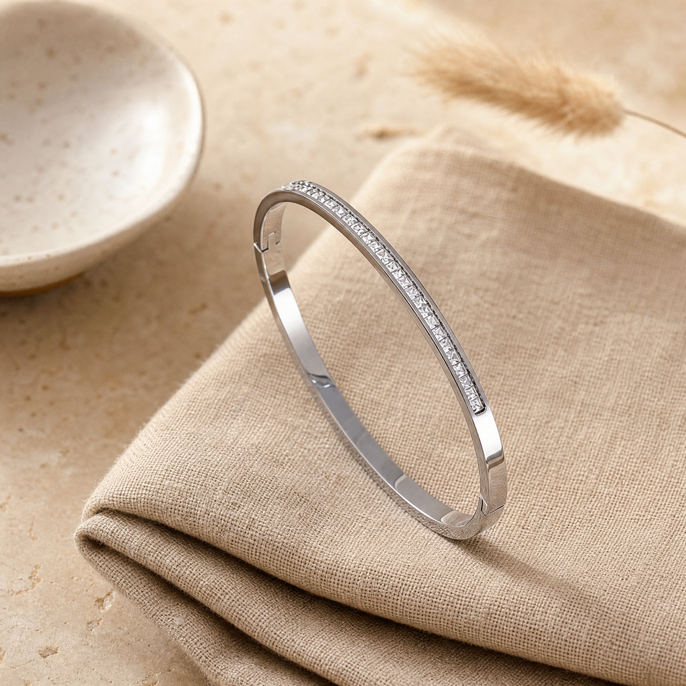 Pavé CZ Bangle Bracelet – Dainty Stackable Crystal Inlay Gold Silver Bracelet, Gift for Her