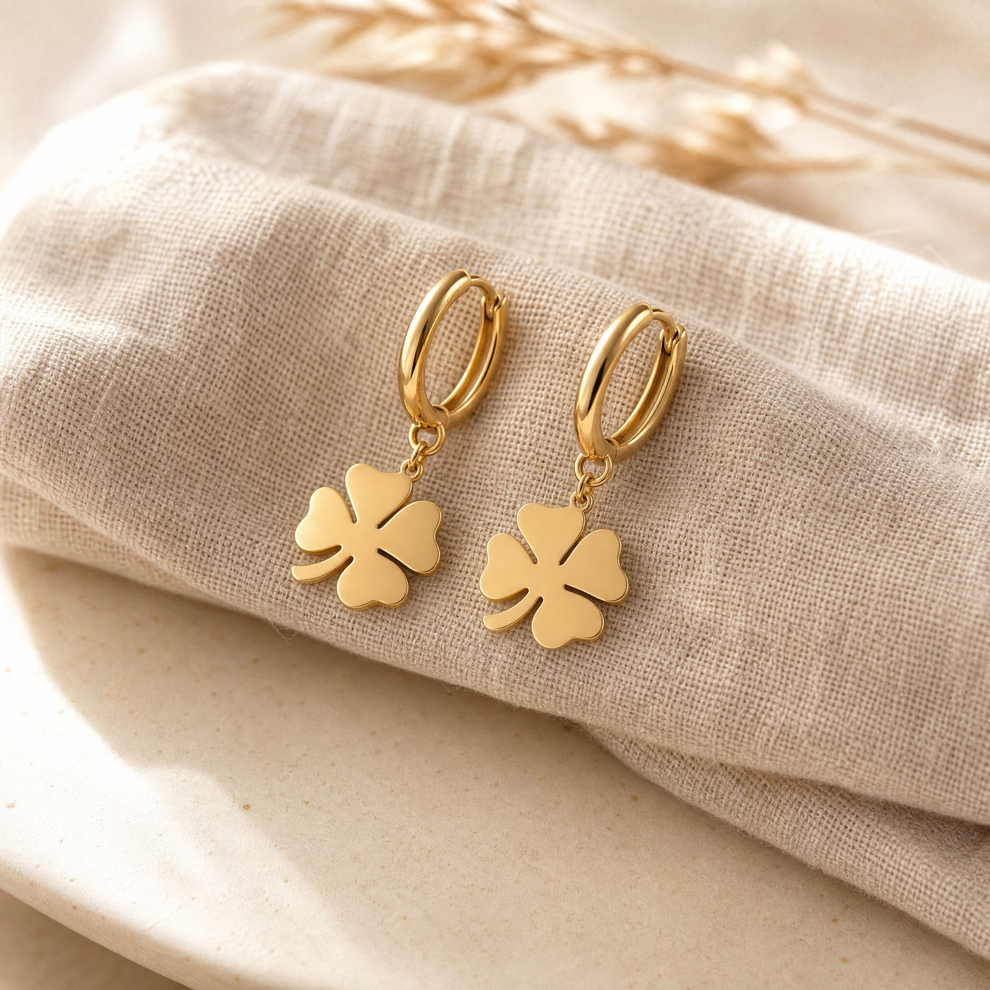 Four Leaf Clover Hoop Drop Earrings – Dainty Lucky Charm Earrings, Gold Silver Gift for Her