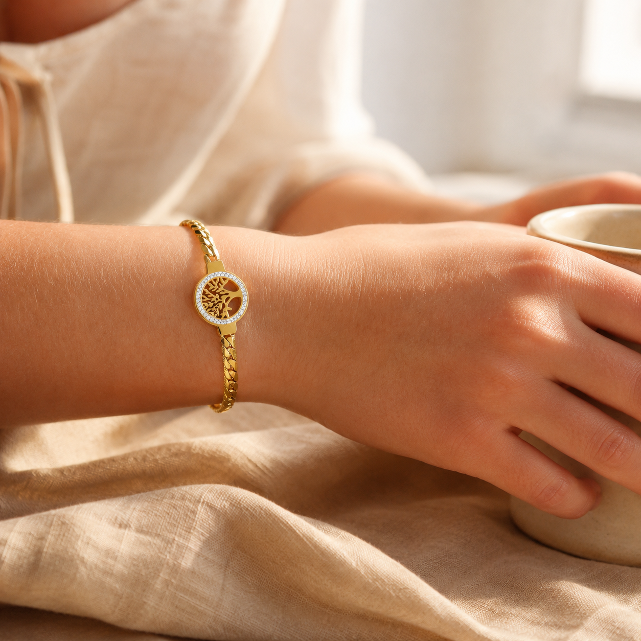 Gold Tree of Life Bracelet – Pavé CZ Curb Chain Charm Bracelet, Gift for Her
