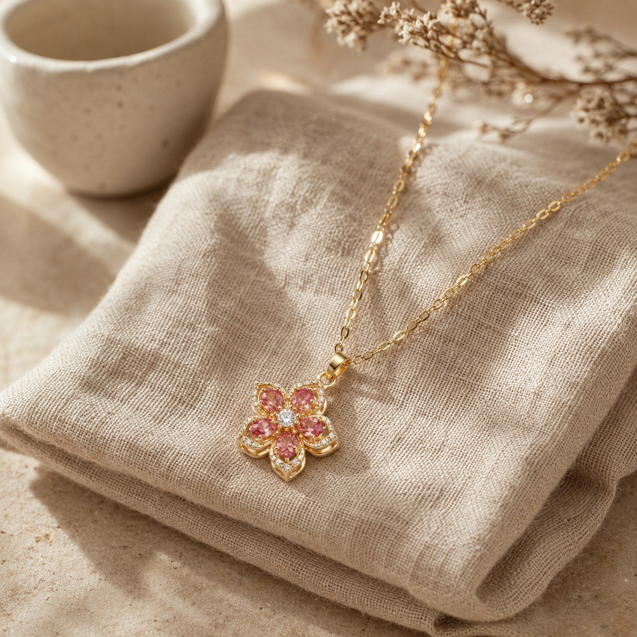 Gold Flower Pendant Necklace – Spinning CZ Floral Charm, Dainty Gift for Her