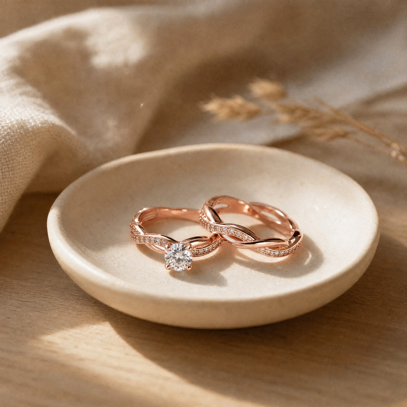 CZ Bridal Ring Set – Twisted Band Engagement Rings in Silver Gold Rose Gold for Women