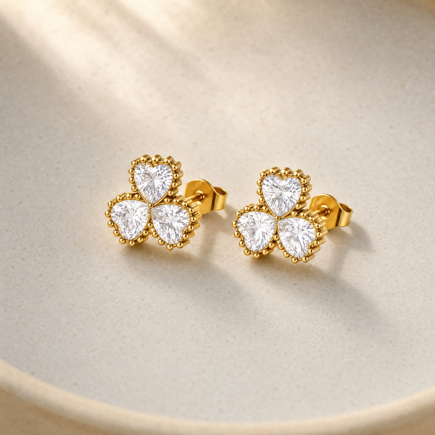 Gold Triple Heart Clover Stud Earrings – Dainty CZ Gold Studs, Minimalist Gift for Her