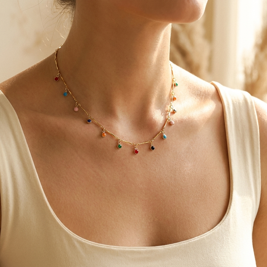 Multicolor Charm Choker Necklace – Dainty Gold Silver Colorful Bead Tassel Chain, Gift for Her