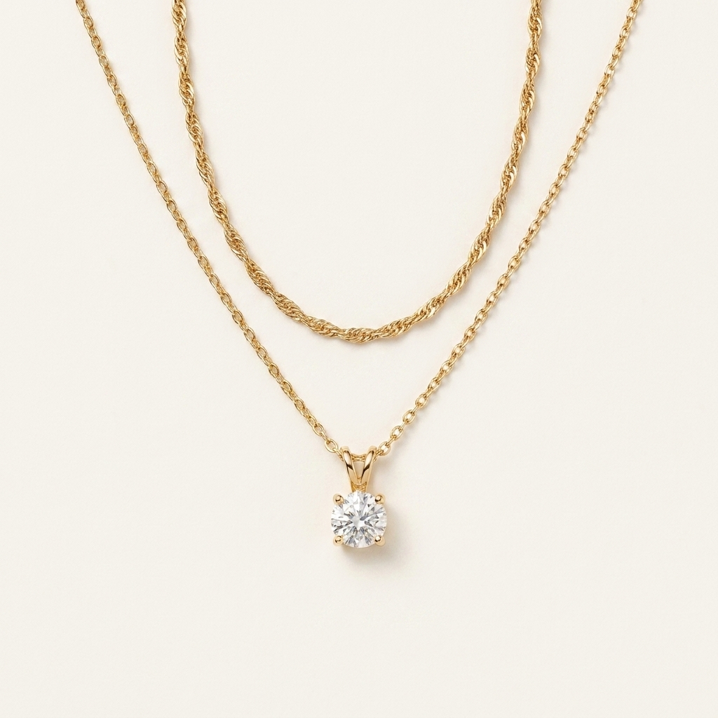 Gold CZ Solitaire Layered Necklace Set – Dainty - Plated Choker, Gift for Her