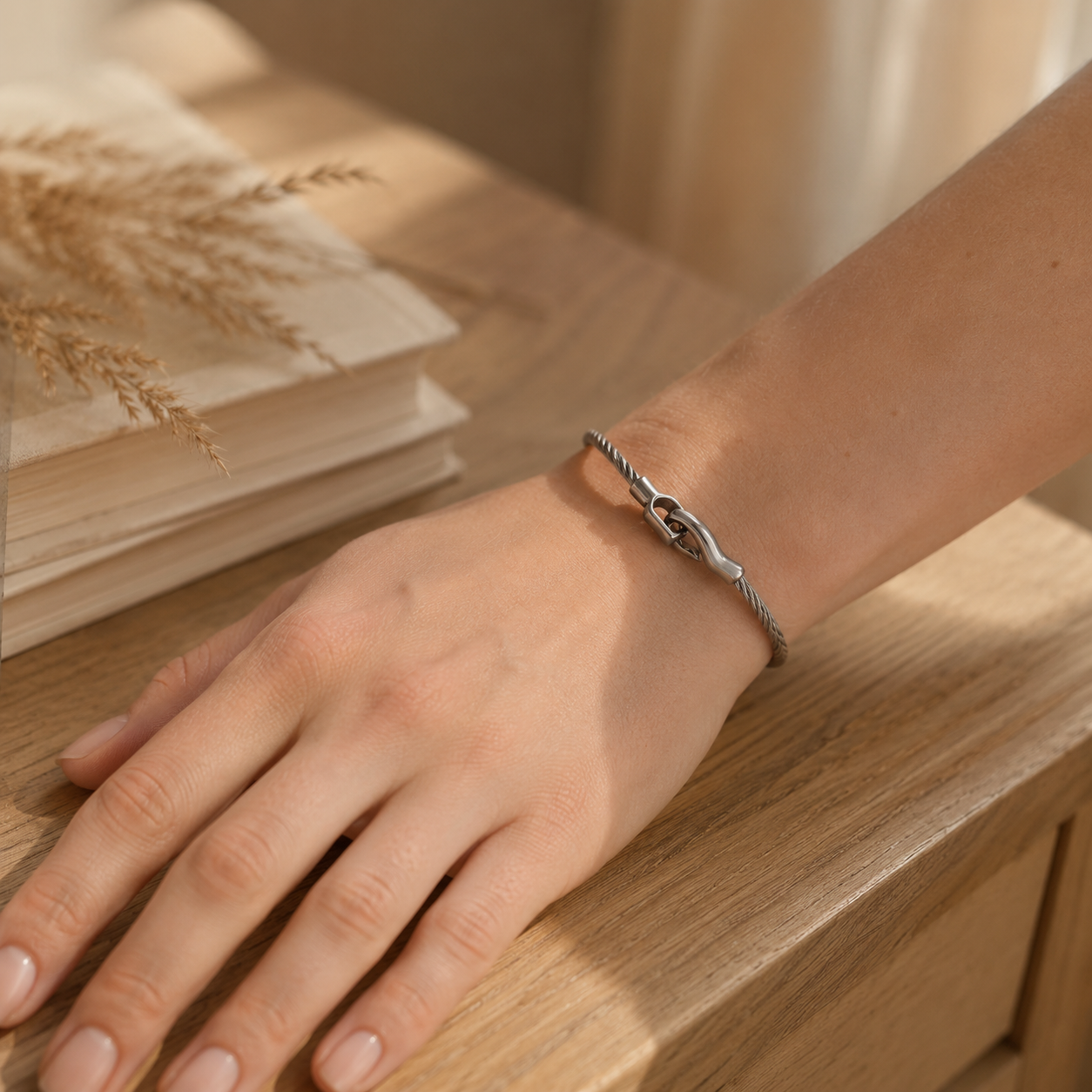 Twisted Cable Bangle Bracelet – Minimalist Hook Clasp Stainless Steel Bracelet for Women