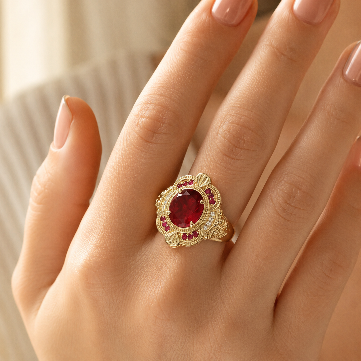 Gold Vintage Floral Ruby Red CZ Ring – Elegant Statement Cocktail Ring, Gift for Her