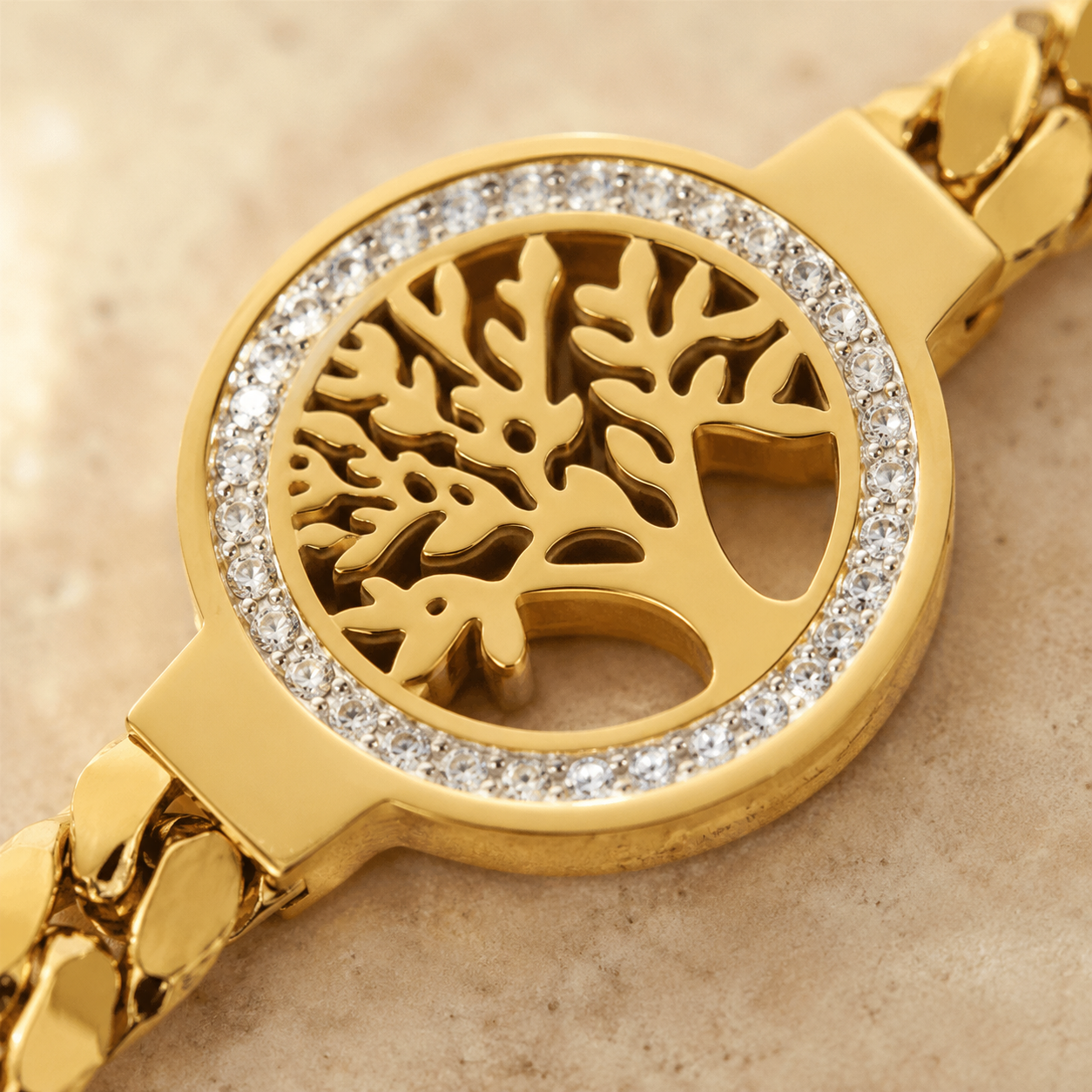 Gold Tree of Life Bracelet – Pavé CZ Curb Chain Charm Bracelet, Gift for Her