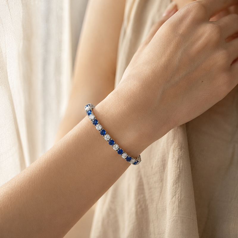 Silver Blue & White CZ Tennis Bracelet – Sapphire-Tone Zircon Gift for Her