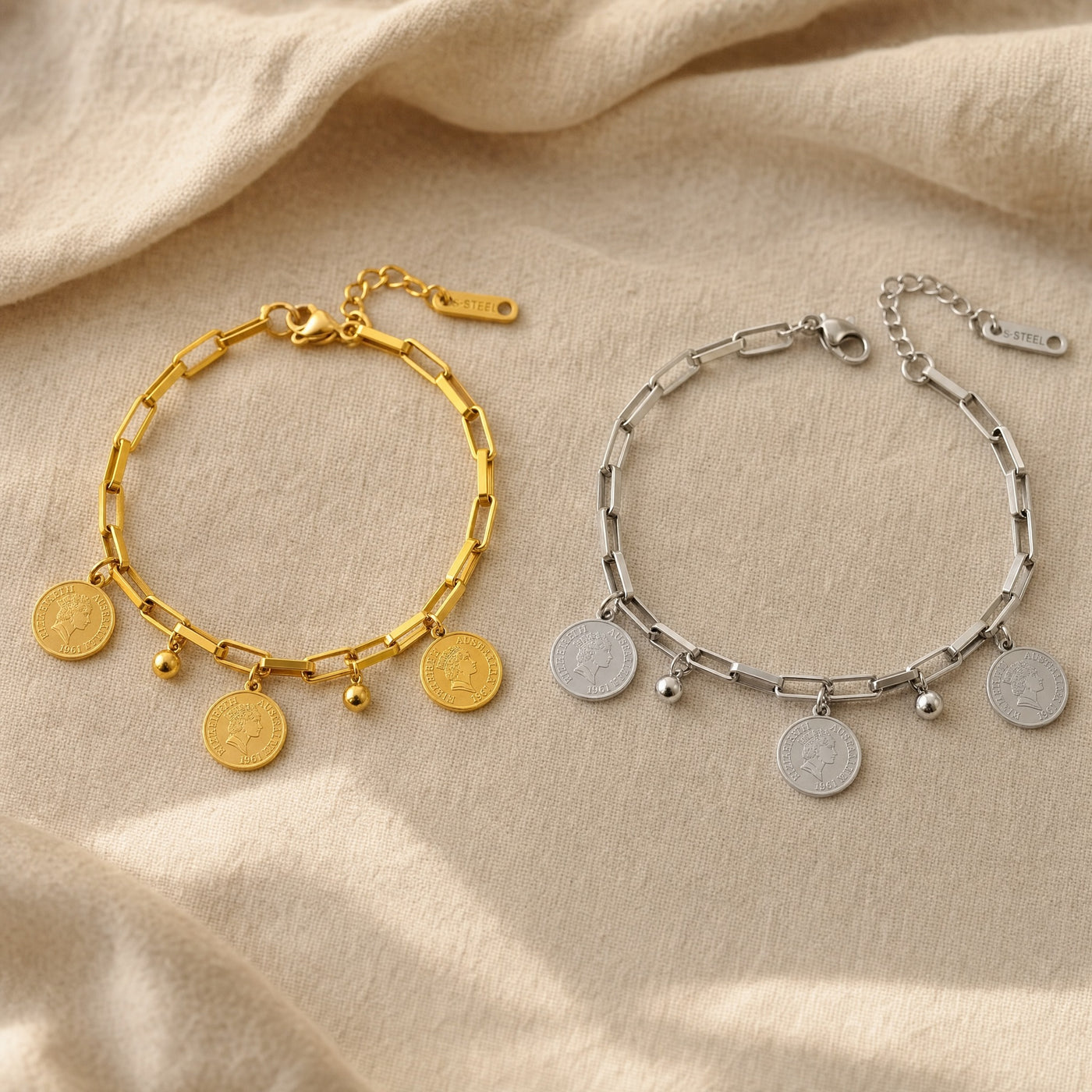 Coin Charm Paperclip Bracelet – Stackable Adjustable Chain Bracelet for Women