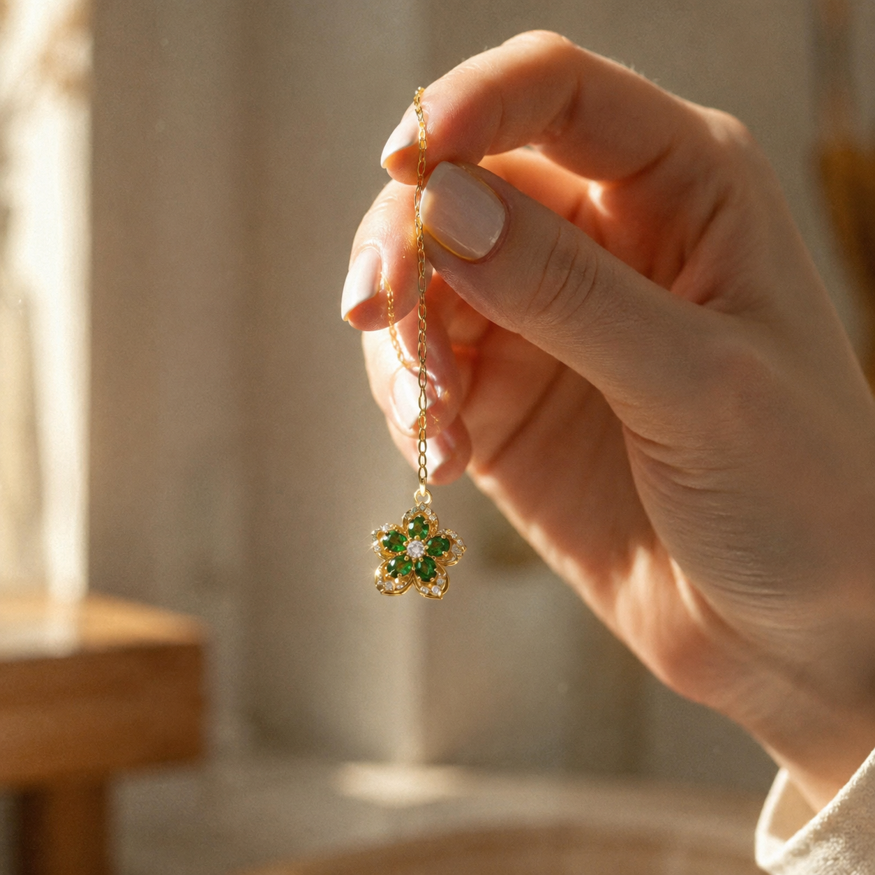 Gold Flower Pendant Necklace – Spinning CZ Floral Charm, Dainty Gift for Her