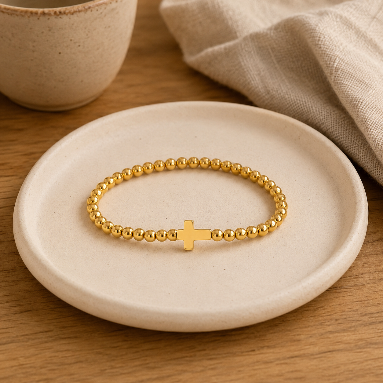 Cross Beaded Stretch Bracelet – Dainty Gold Silver Layering Bracelet, Gift for Her