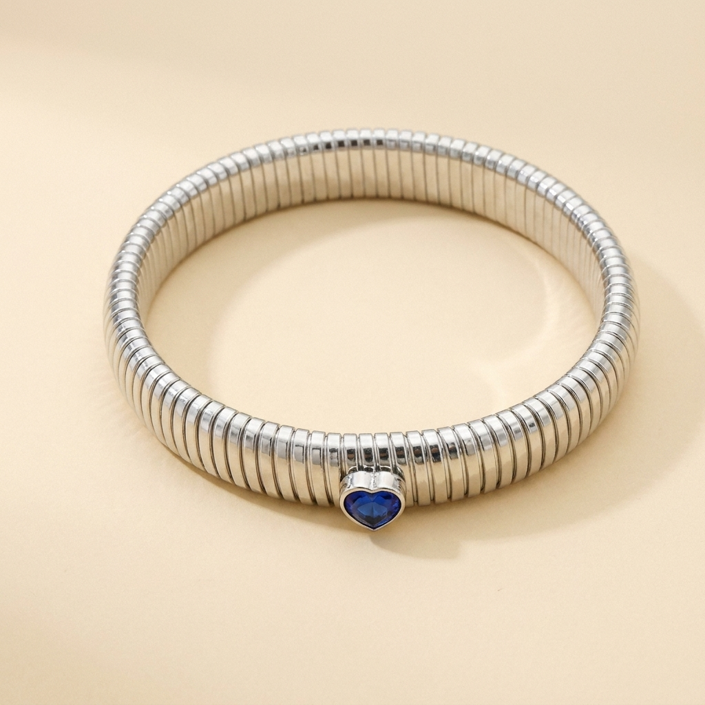 Tubogas Heart Bracelet – Retro Ribbed Stretch Bangle, Dainty Gift for Her