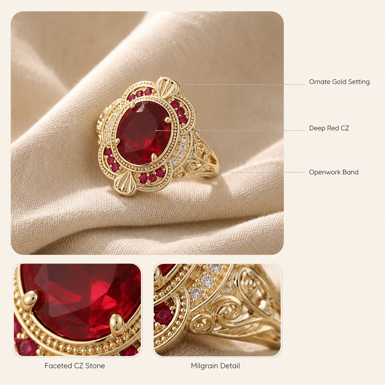 Gold Vintage Floral Ruby Red CZ Ring – Elegant Statement Cocktail Ring, Gift for Her