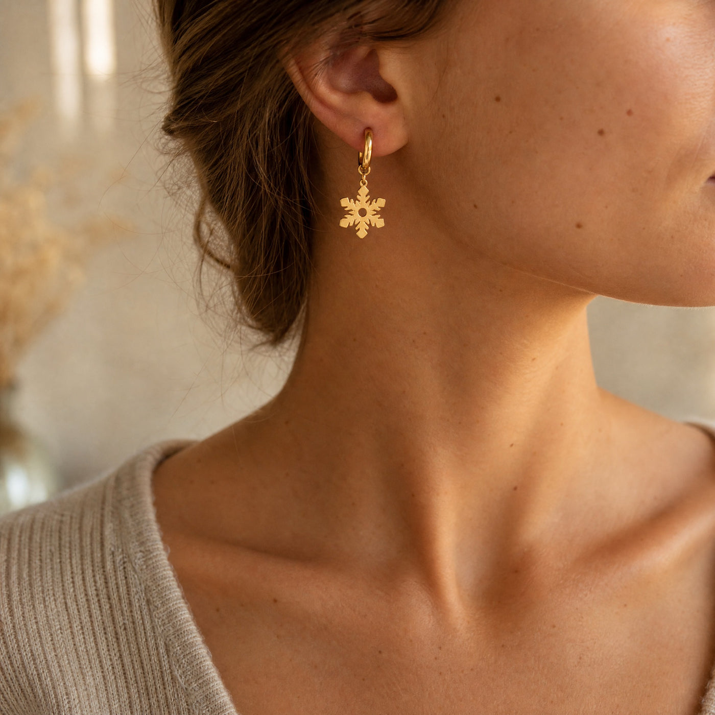 Gold Silver Snowflake Hoop Earrings – Dainty Stainless Steel Dangle Earrings, Gift for Her