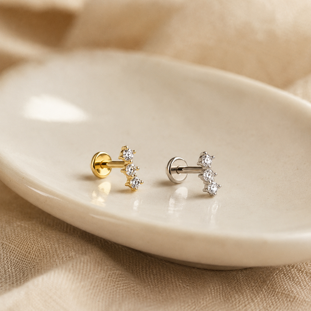 Triple CZ Flat Back Labret Earring – Dainty Gold Silver Cartilage Stud, Gift for Her
