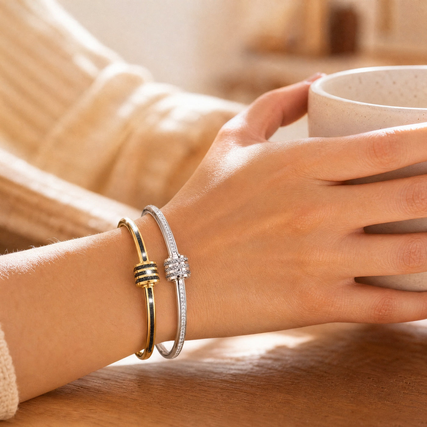 Zirconia Stainless Steel Cuff Bangle – Stackable Gold Silver Bracelet, Minimalist Gift for Women
