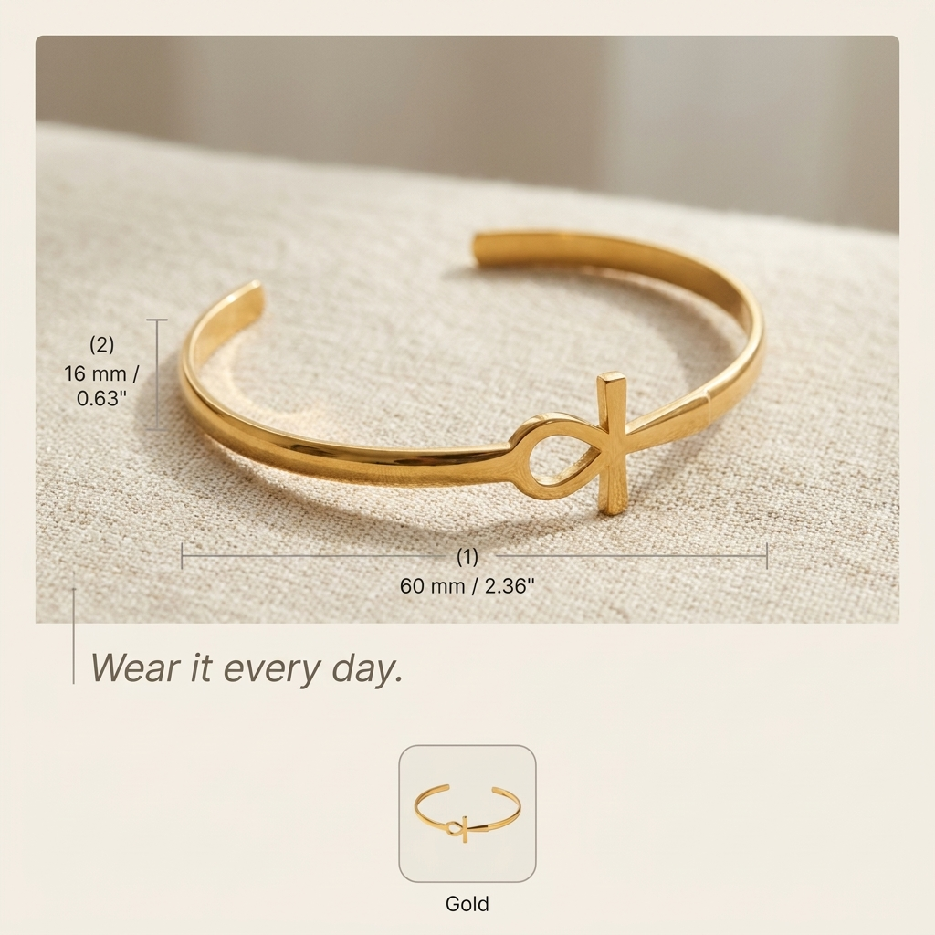 Ankh Cross Cuff Bracelet – Plated Stainless Steel Open Bangle for Women