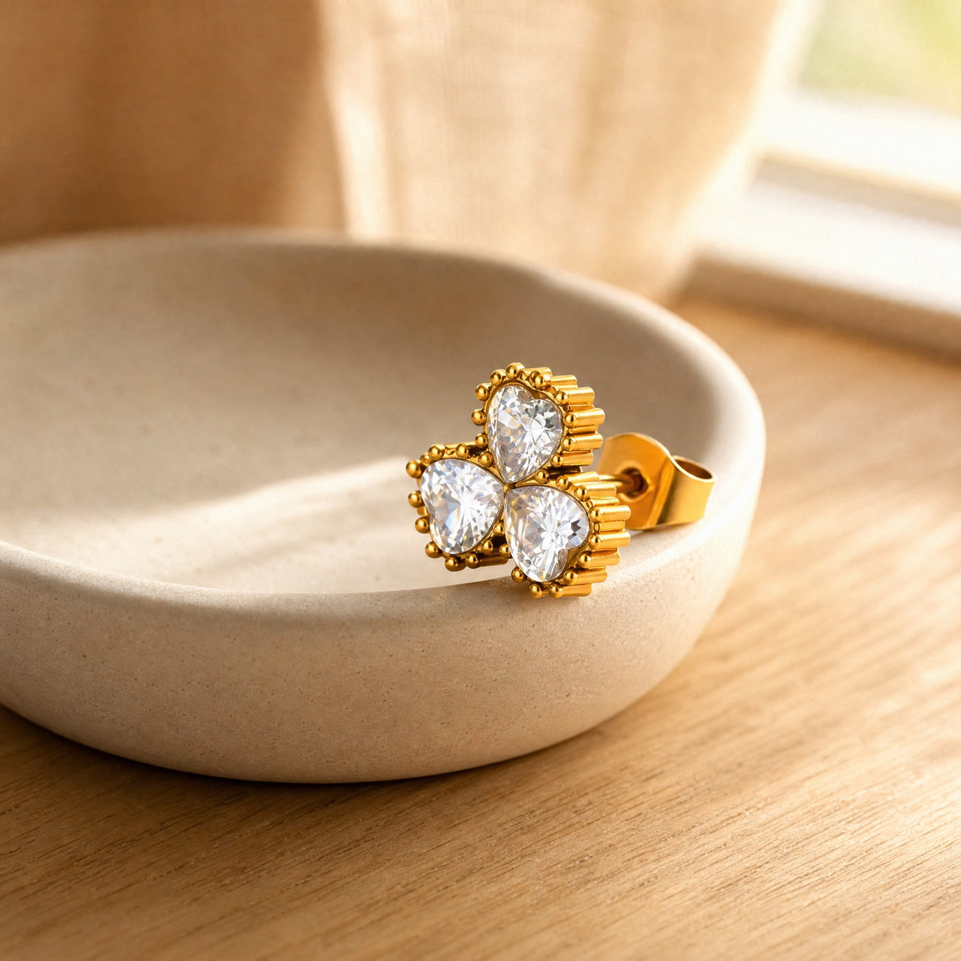 Gold Triple Heart Clover Stud Earrings – Dainty CZ Gold Studs, Minimalist Gift for Her