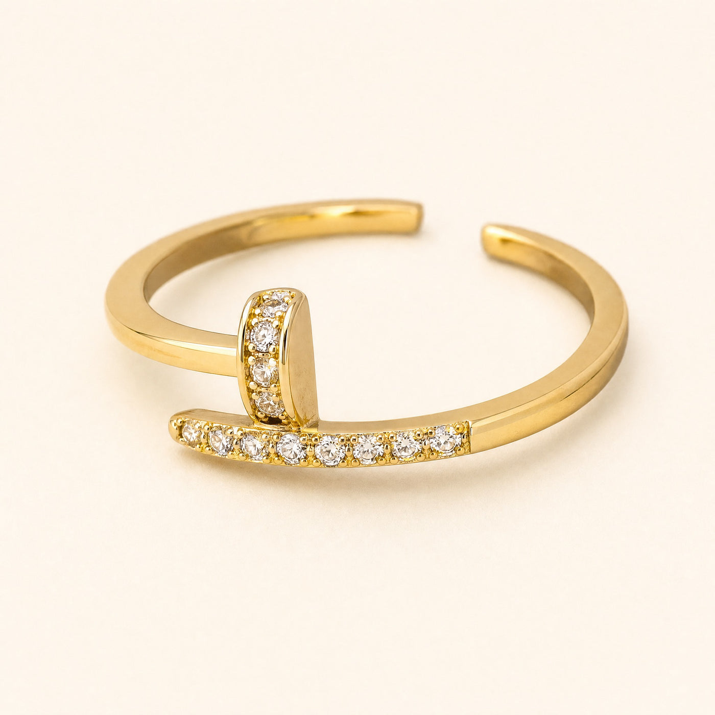 Gold Pavé Nail Ring – Dainty Open Band CZ Plated Ring for Women