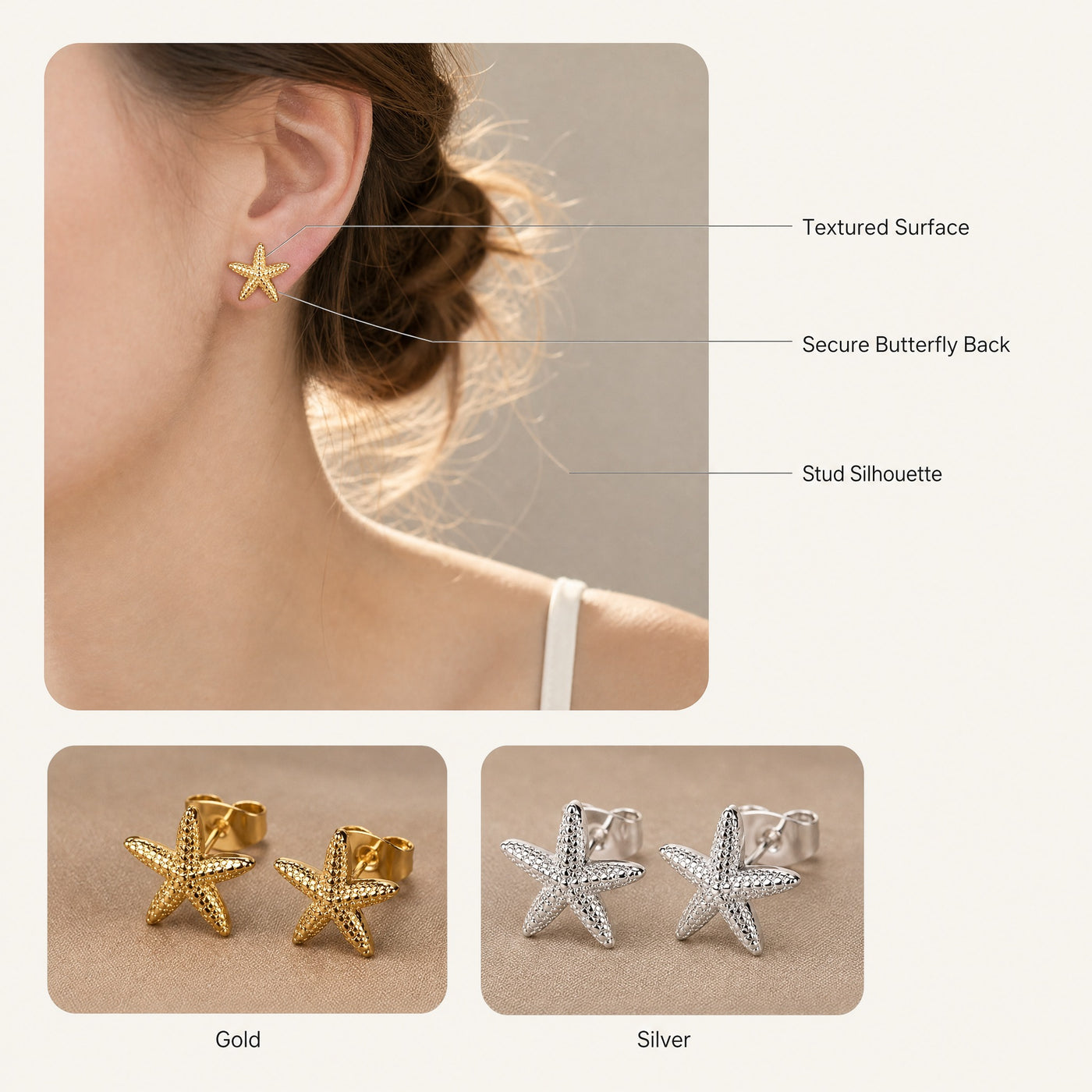 Starfish Stud Earrings – Dainty Gold Silver Textured Sea Star Earrings, Gift for Her