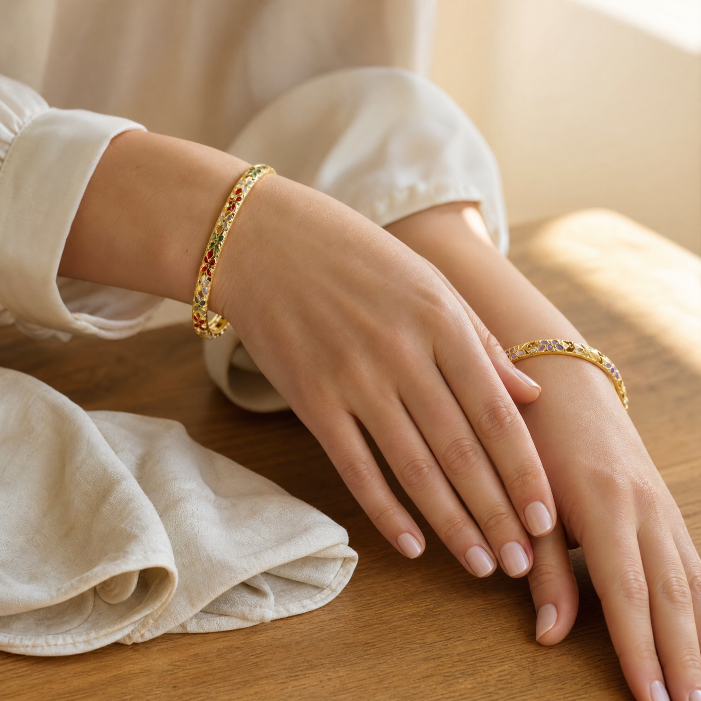 Gold Enamel Flower Bangle – Vintage Floral Copper Bracelet, Dainty Gift for Her