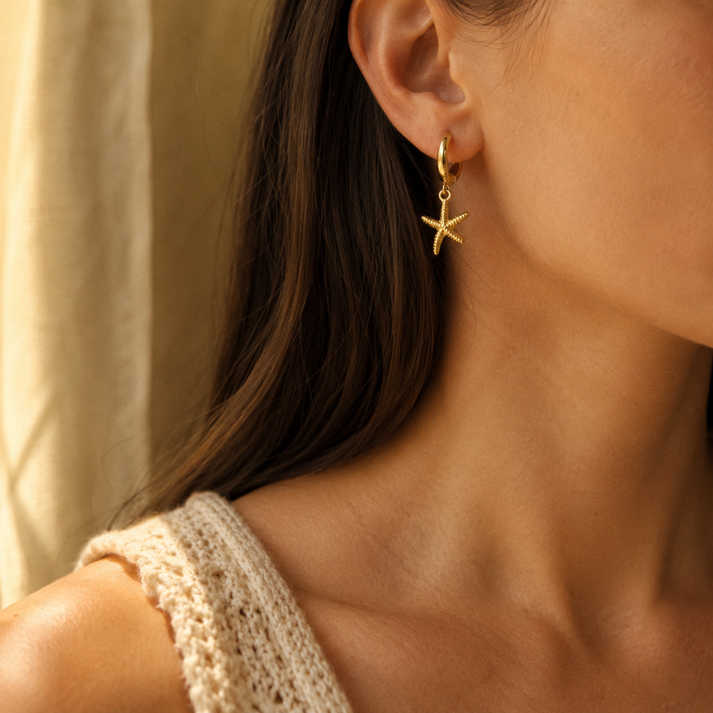 Gold Starfish Hoop Earrings – Dainty Dangle Gold Huggie Earrings, Beach Gift for Her