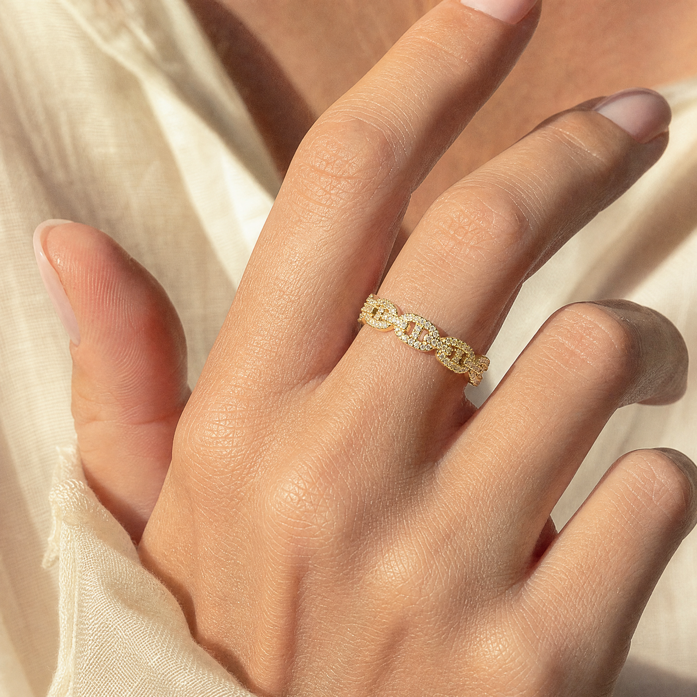 Pavé Mariner Chain Ring – Stackable Gold Silver CZ Band Ring for Women, Dainty Gift