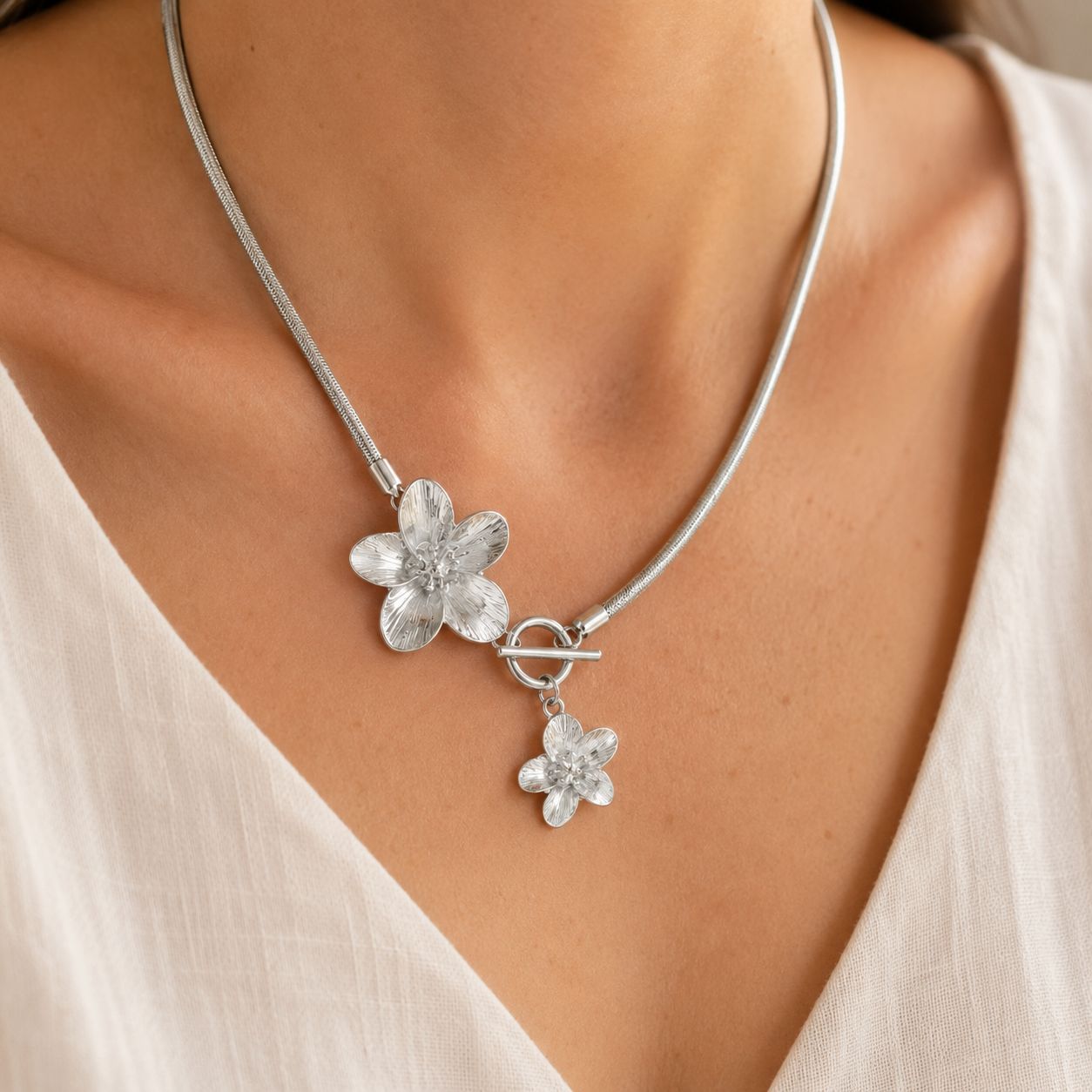 Gold Flower Snake Chain Choker – OT Toggle Floral Pendant Necklace, Gift for Her