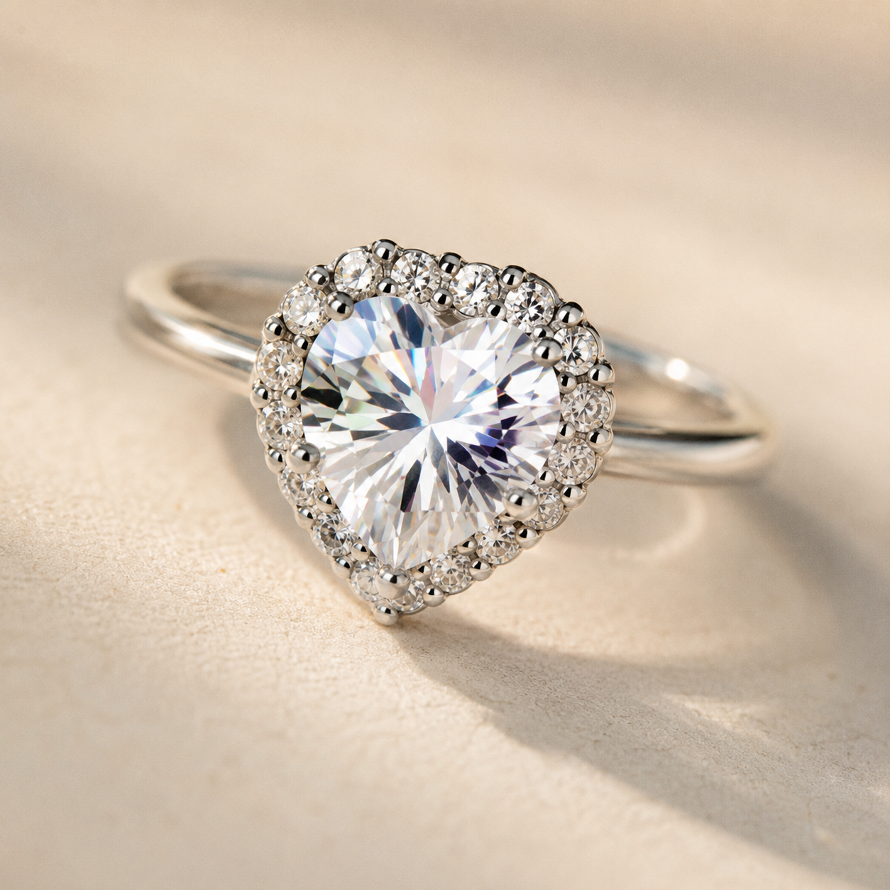 Silver Heart Zircon Ring – Adjustable Open Band, Pavé Halo CZ, Dainty Romantic Gift for Her