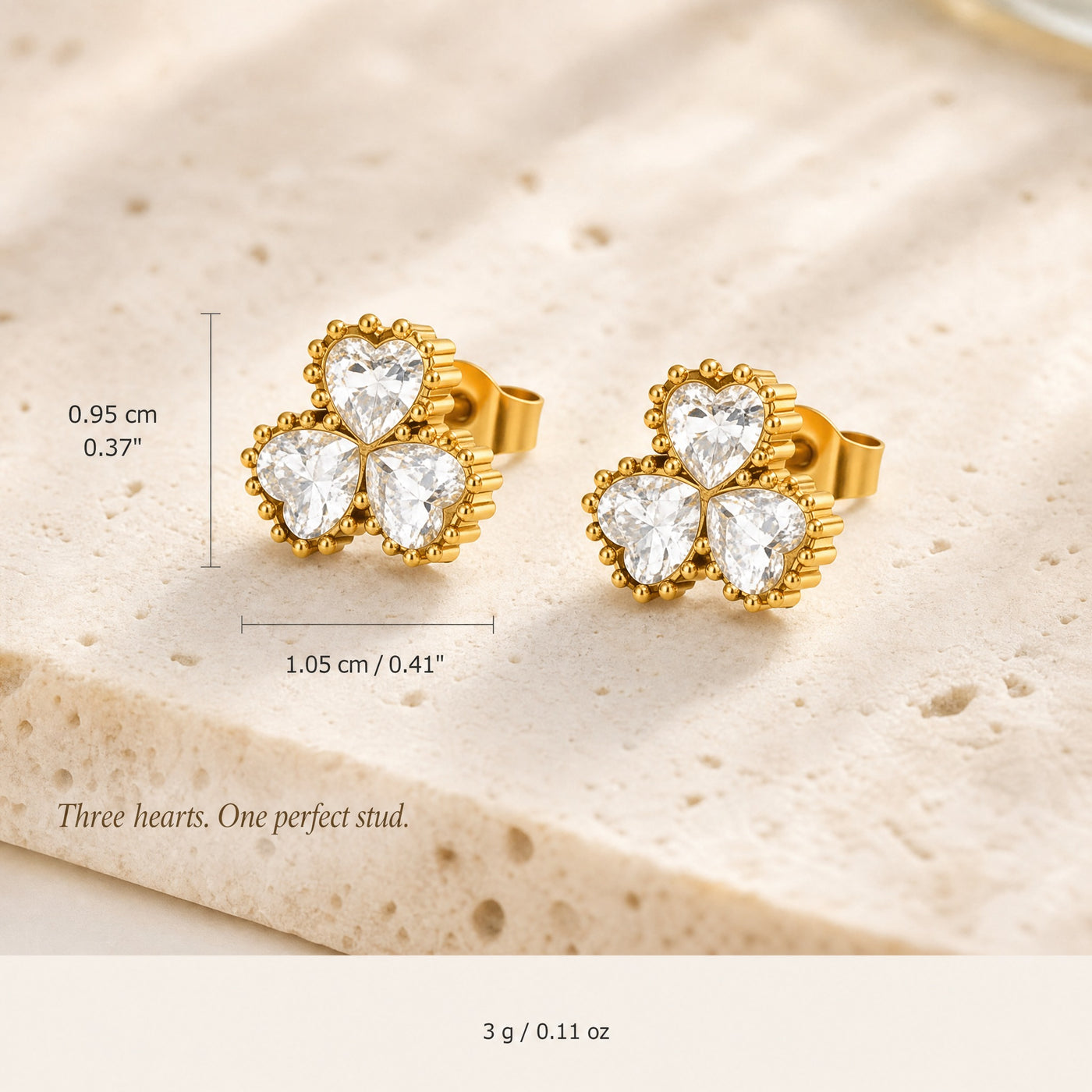 Gold Triple Heart Clover Stud Earrings – Dainty CZ Gold Studs, Minimalist Gift for Her