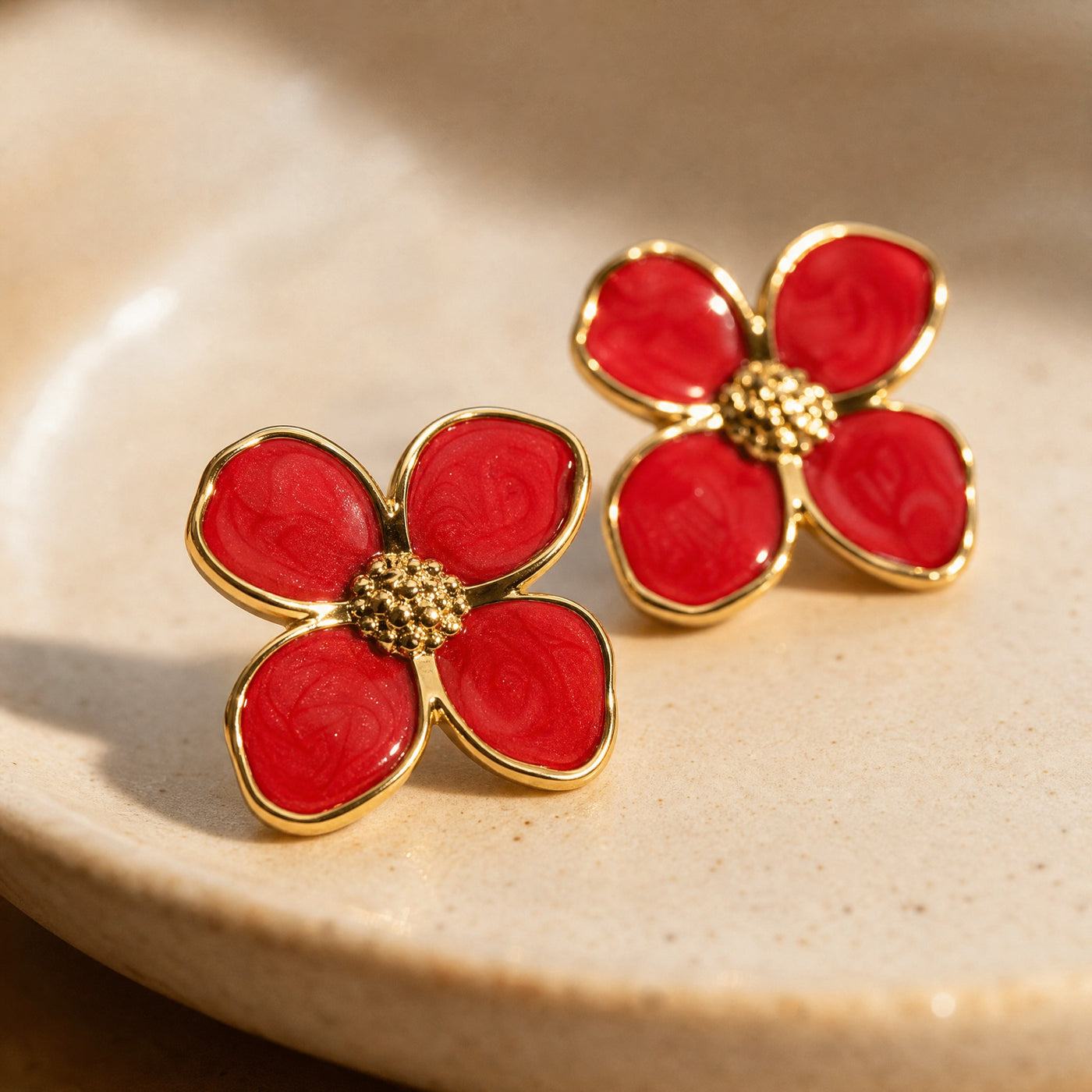 Gold Enamel Flower Stud Earrings – Dainty Floral Gold-Tone Studs, Gift for Her