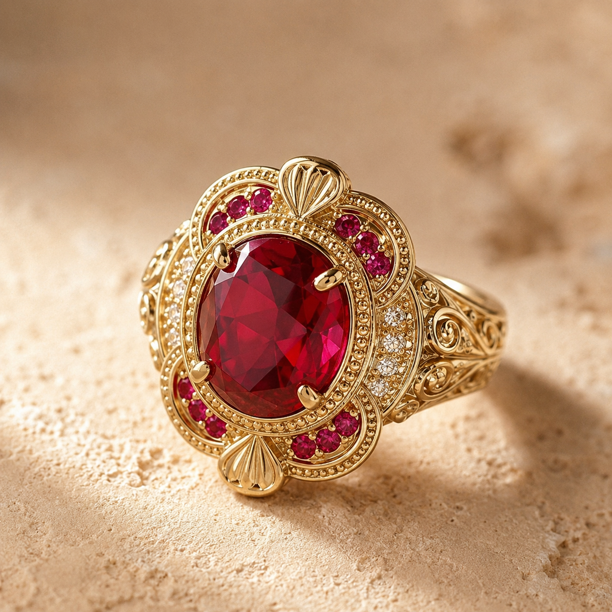 Gold Vintage Floral Ruby Red CZ Ring – Elegant Statement Cocktail Ring, Gift for Her