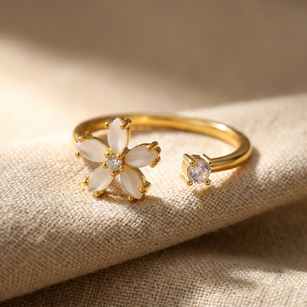 Gold Flower Open Ring – White Opal Petal CZ Adjustable Stainless Steel Ring, Gift for Her