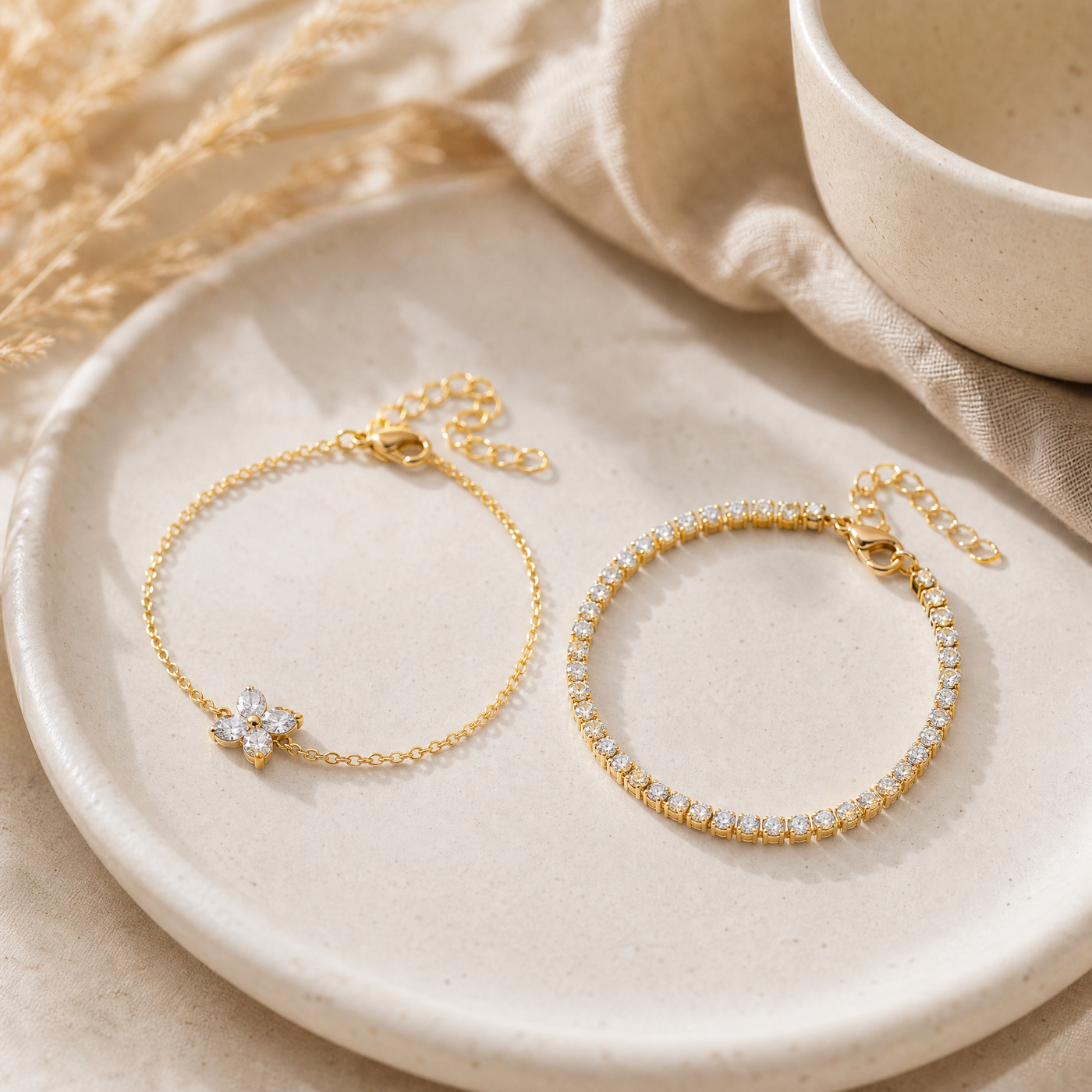 Gold Pavé Tennis & Flower CZ Bracelet Set – Dainty Layering Bracelets, Gift for Her