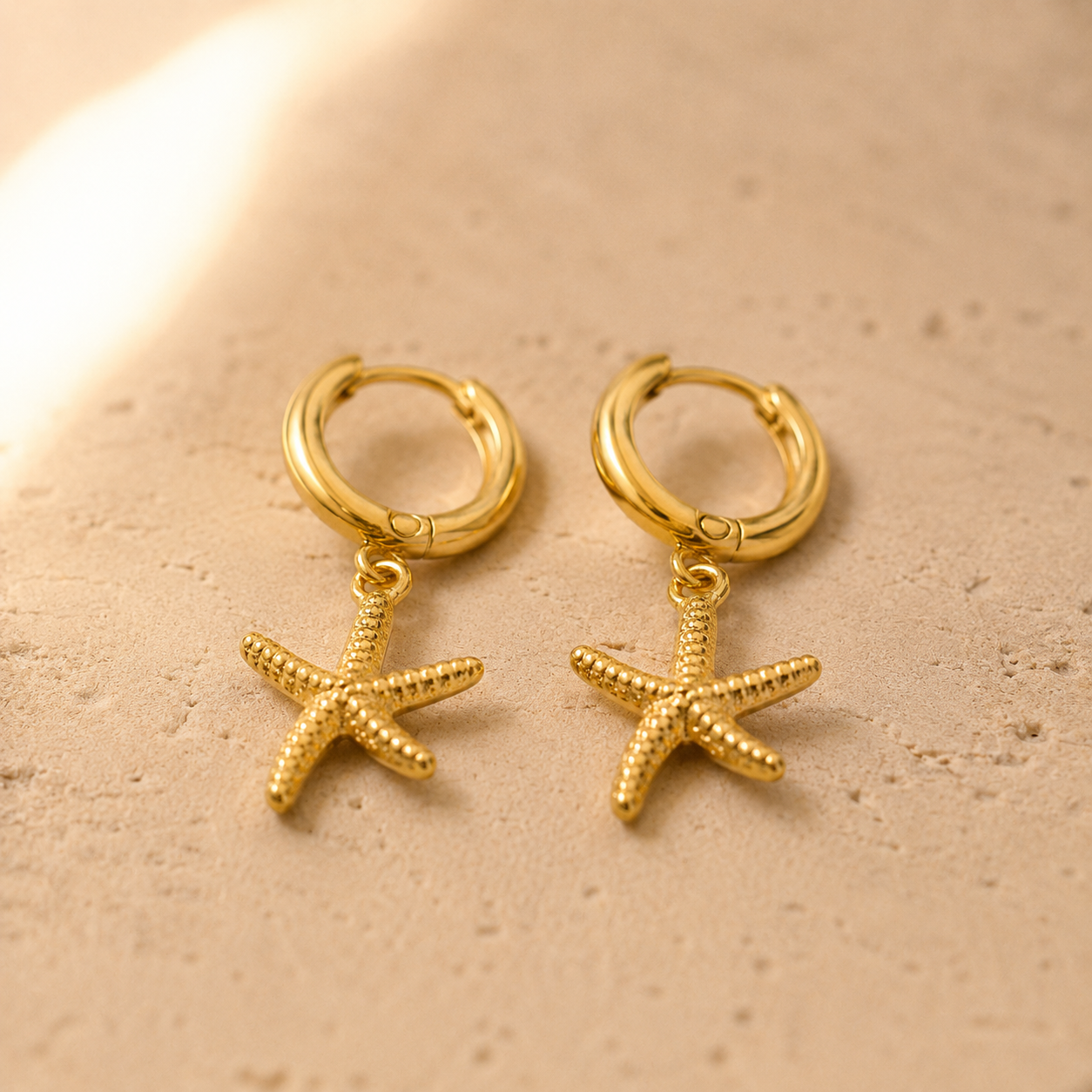 Gold Starfish Hoop Earrings – Dainty Dangle Gold Huggie Earrings, Beach Gift for Her