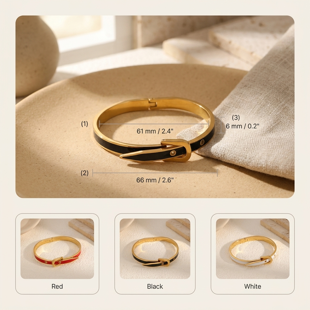 Gold Belt Buckle Bangle – Enamel Cuff Bracelet, Dainty Gold-Tone Gift for Her