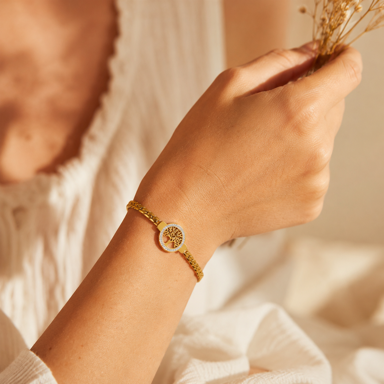 Gold Tree of Life Bracelet – Pavé CZ Curb Chain Charm Bracelet, Gift for Her