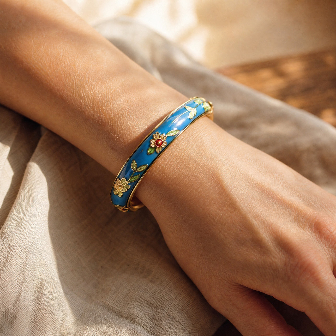 Cloisonne Enamel Bangle – Floral Peony Filigree Ethnic Vintage Bracelet, Gift for Her