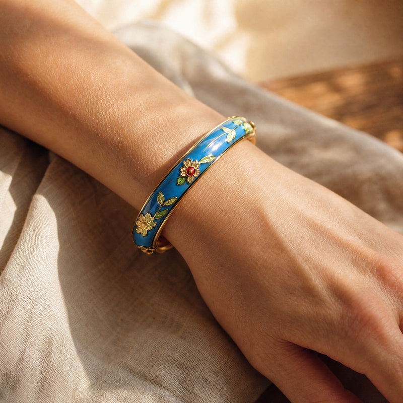Cloisonne Enamel Bangle – Floral Peony Filigree Ethnic Vintage Bracelet, Gift for Her
