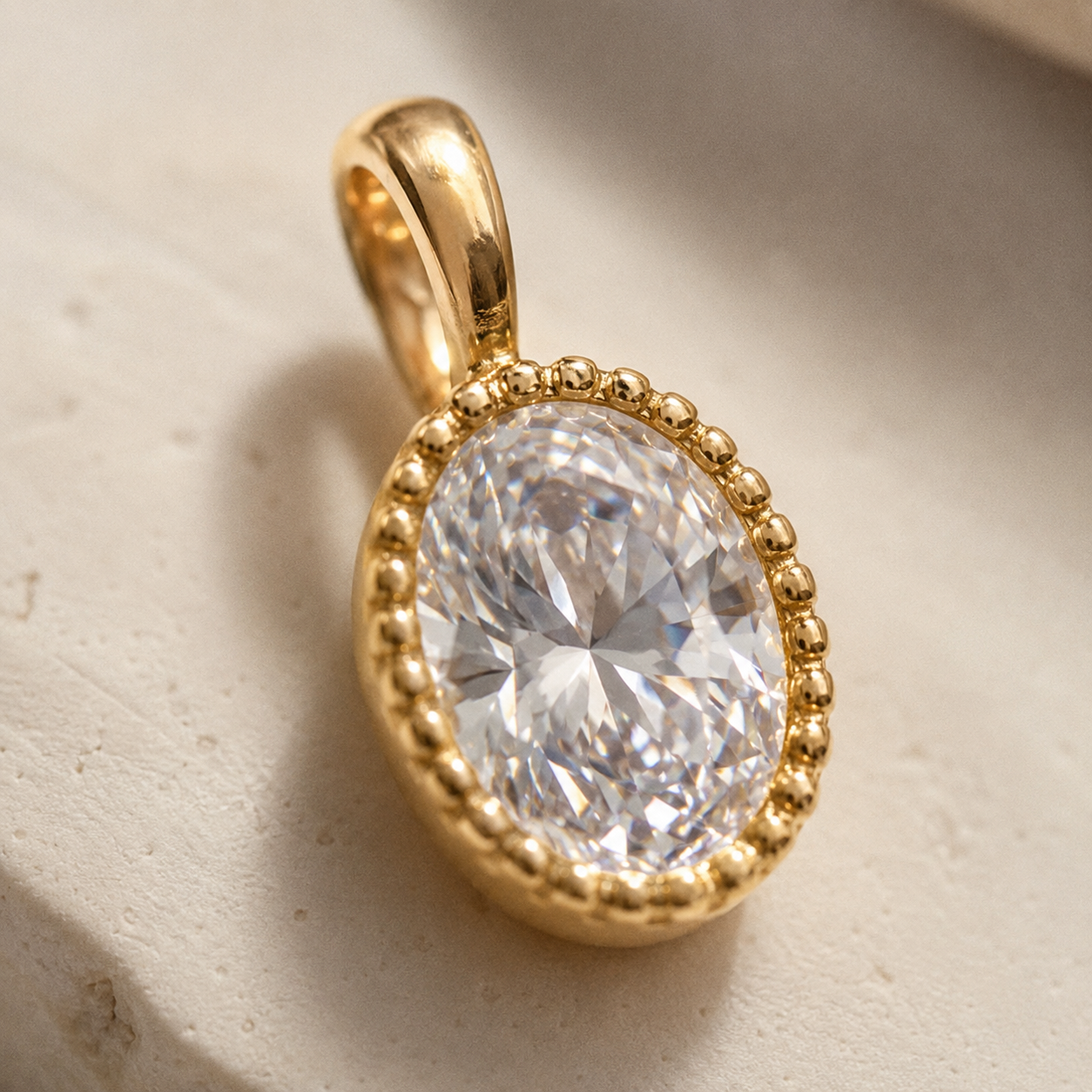 Gold Oval CZ Pendant Necklace – Dainty Milgrain Bezel Solitaire Chain, Gift for Her