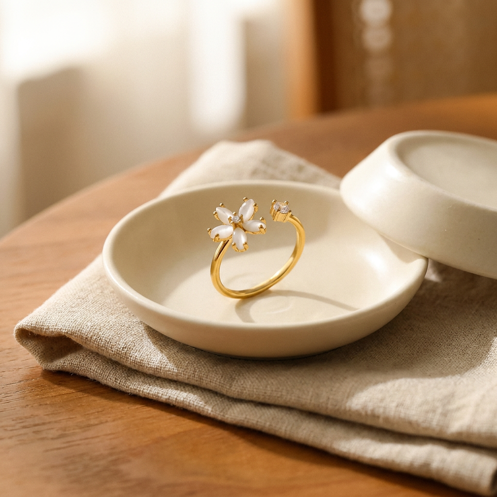 Gold Flower Open Ring – White Opal Petal CZ Adjustable Stainless Steel Ring, Gift for Her