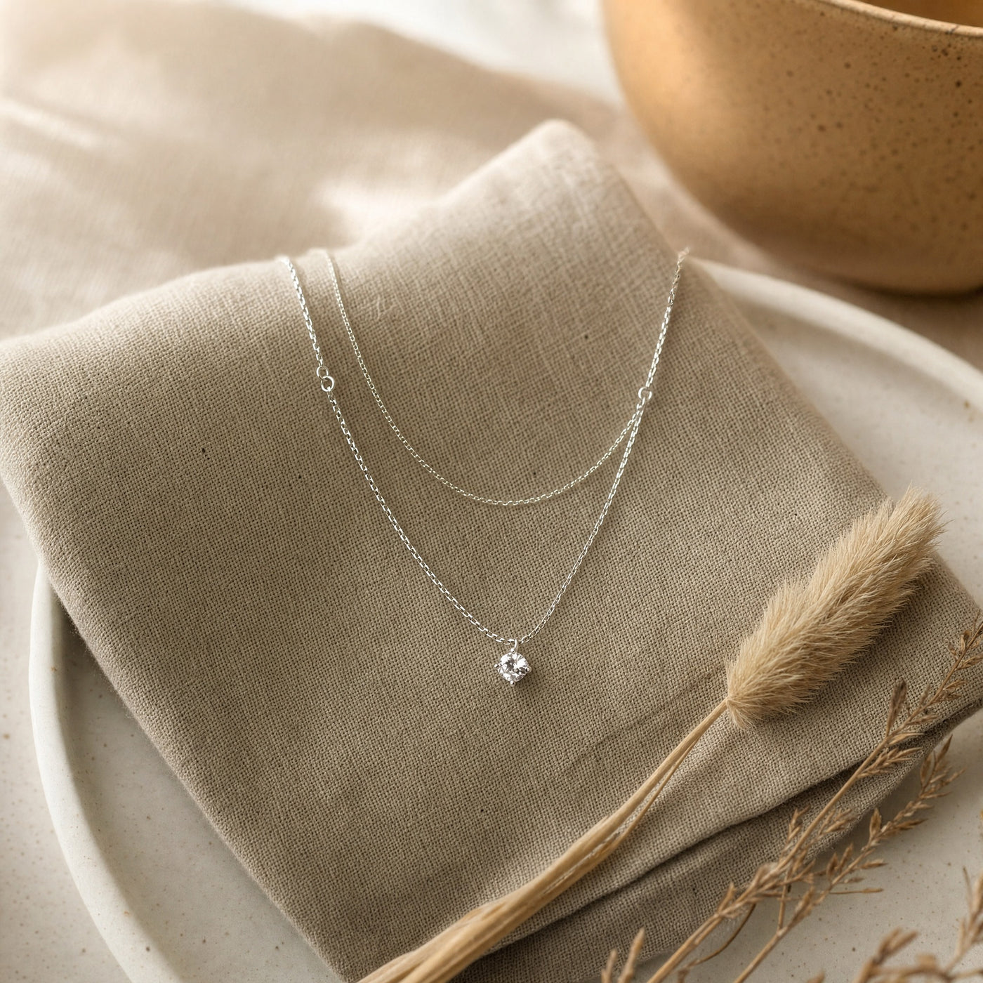 Silver Double Layer CZ Necklace – 925 Sterling Silver Dainty Layered Necklace, Gift for Her